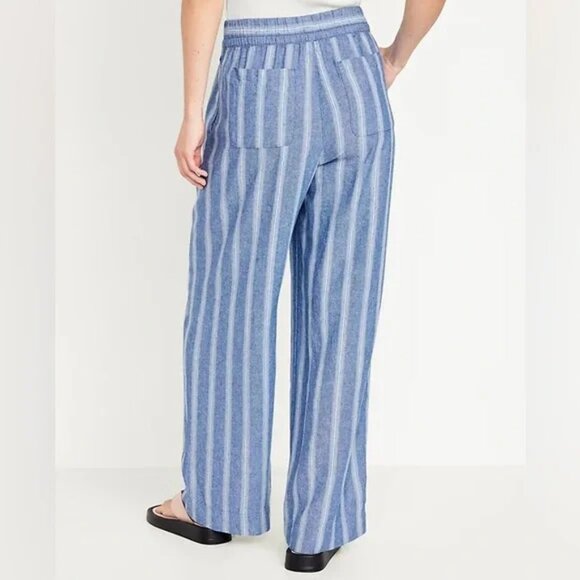 Old Navy NWT Blue White Striped High-Waisted Linen-Blend Wide-Leg Pants - Picture 3 of 10